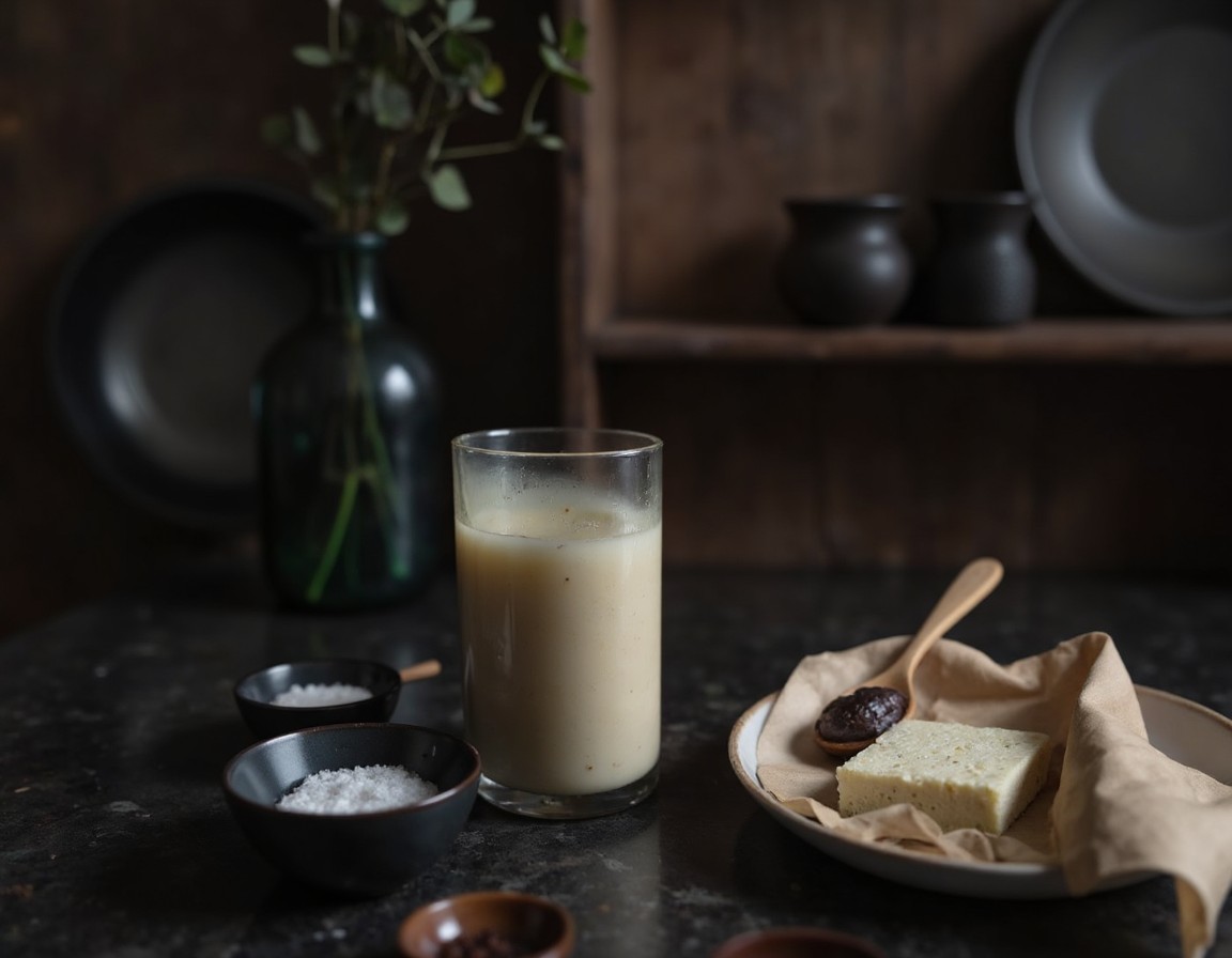 Seidentofu und Misopaste im Mixer zu einer samtig-cremigen weißen Sauce püriert für Mapo Tofu Udon