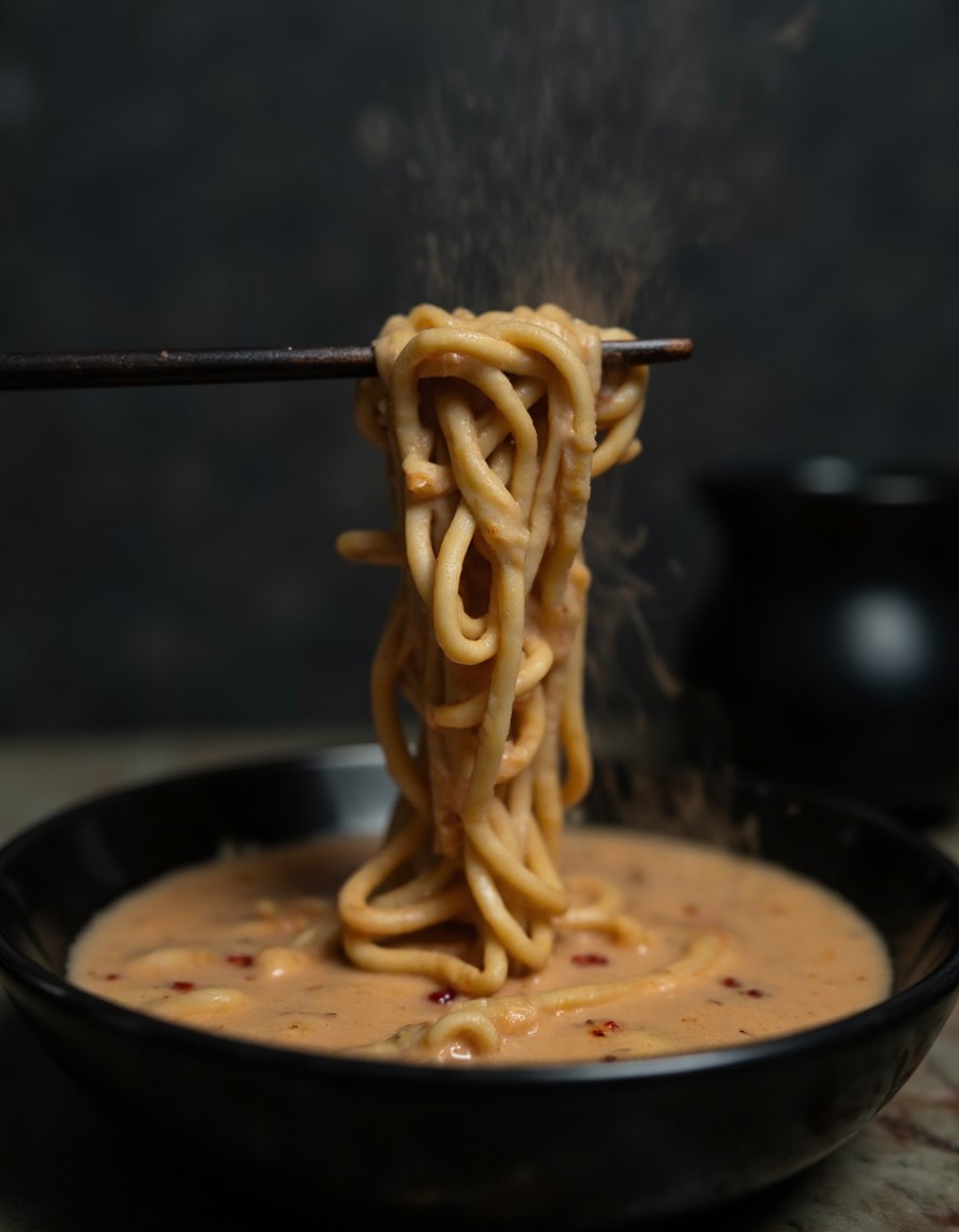 Nahaufnahme von Udon-Nudeln mit cremiger Seidentofu-Sauce an Stäbchen über dampfender Schale
