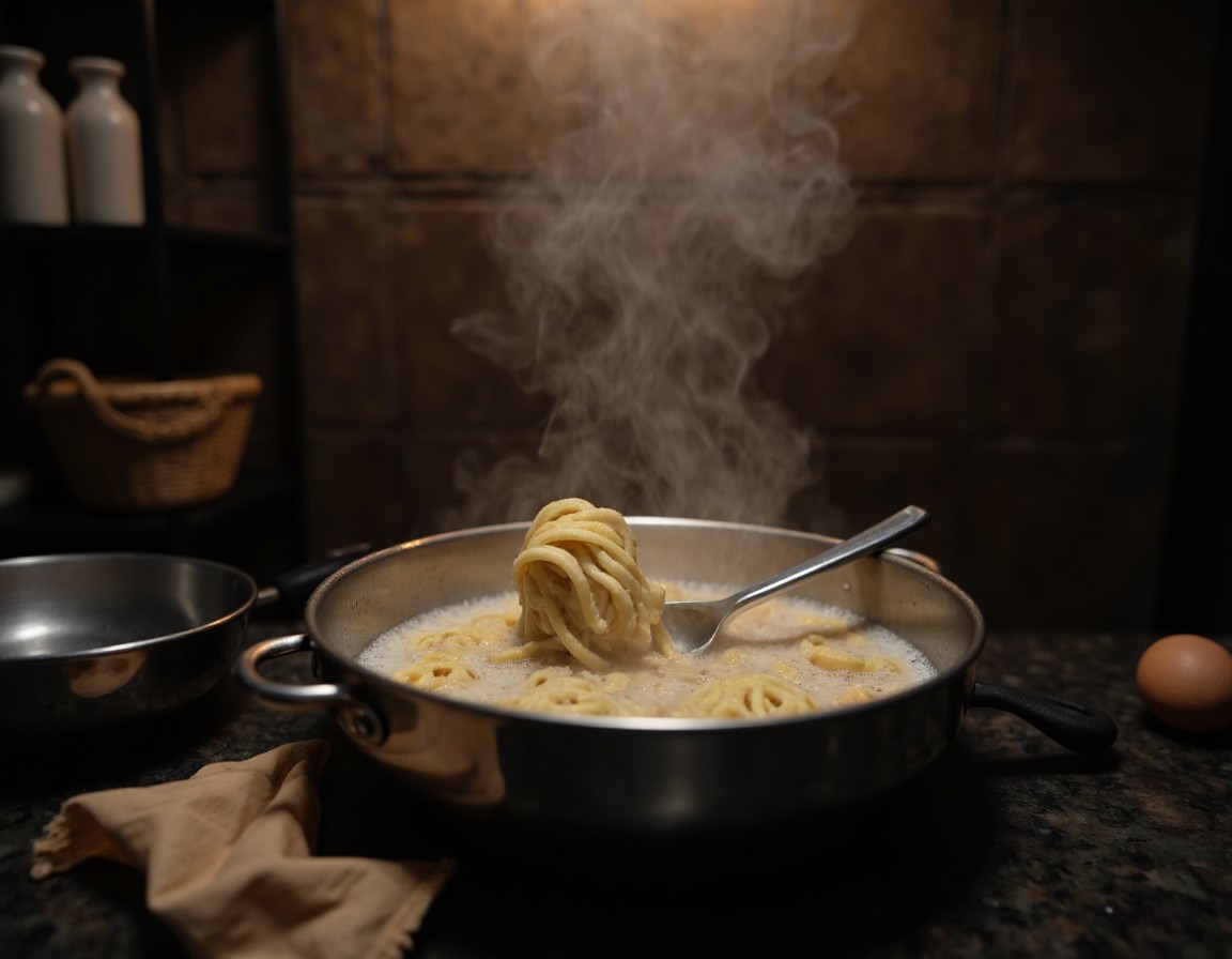 Dicke Udon-Nudeln kochen in sprudelndem Wasser in einem großen Edelstahltopf mit aufsteigendem Dampf