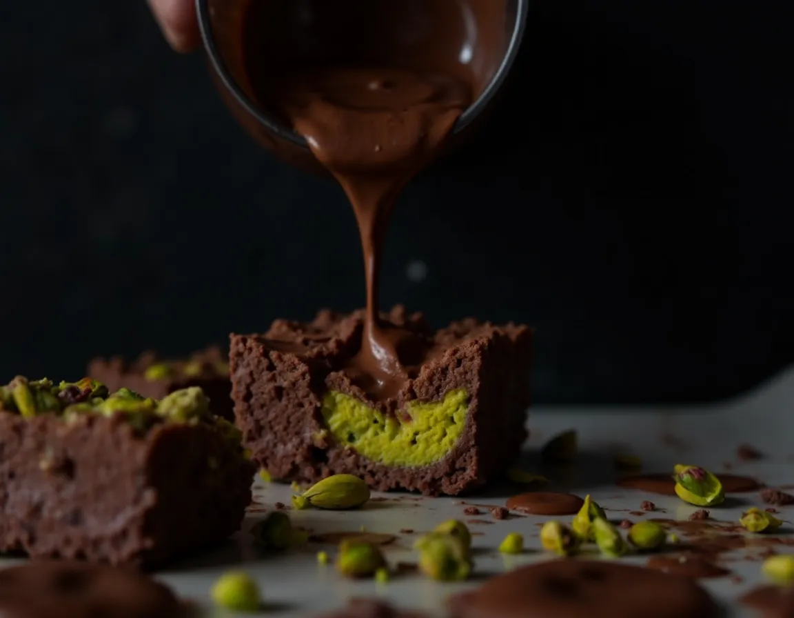 Flüssige dunkle Schokolade wird aus einer Glasschüssel über die grüne Pistazienfüllung in der Form gegossen als Deckschicht