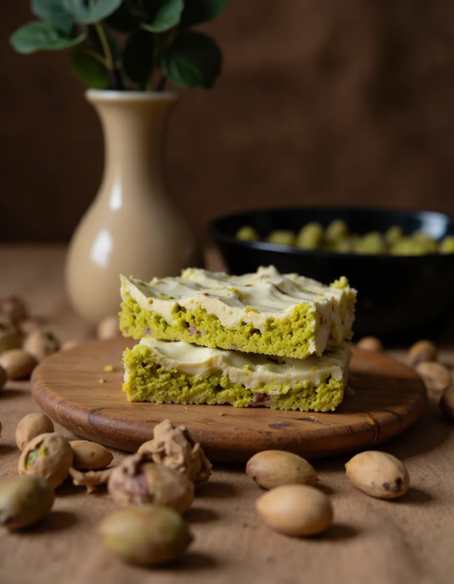 Dubai Schokolade aufgebrochen auf einem Holzbrett mit sichtbarer grüner Pistaziencreme-Kadayif-Füllung und gestreuten Pistazien