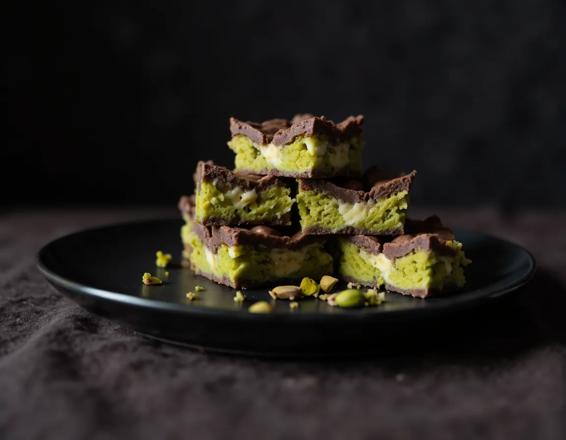 Gestapelte Stücke fertiger Dubai Schokolade auf einem dunklen Teller mit sichtbarem Qürschnitt aus Schokolade und grüner Pistazienfüllung
