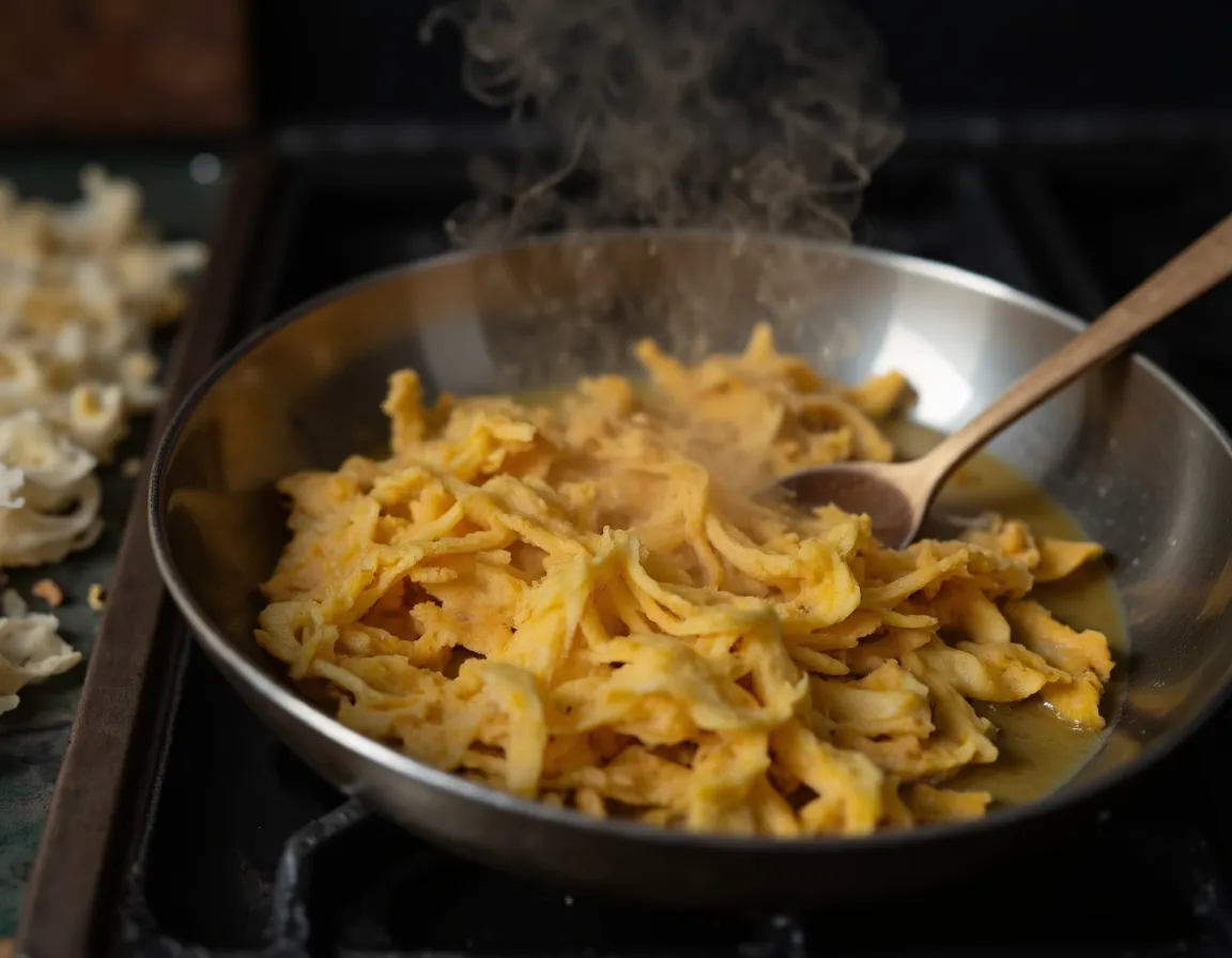 Goldbraun geröstete Kadayif-Teigfäden in einer Edelstahlpfanne mit Butter und einem Holzlöffel beim Rösten