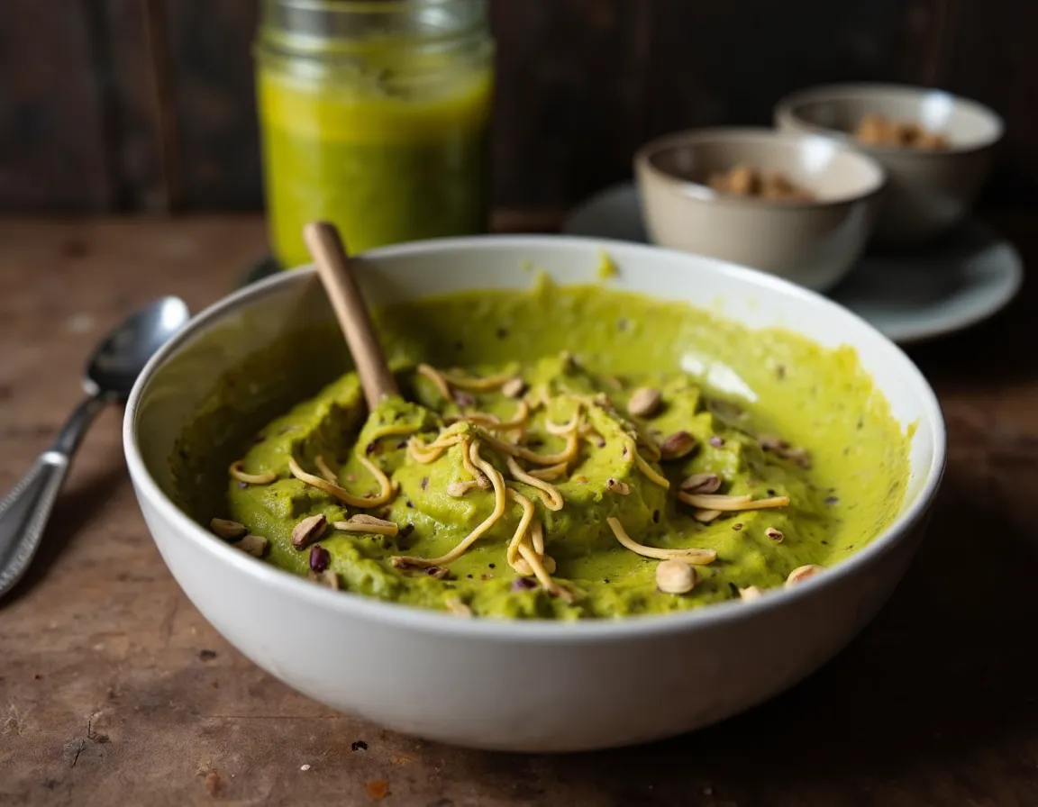 Große Schüssel mit grüner Pistaziencreme gemischt mit goldenen gerösteten Kadayif-Fäden und Tahin zu einer gleichmäßigen Füllmasse