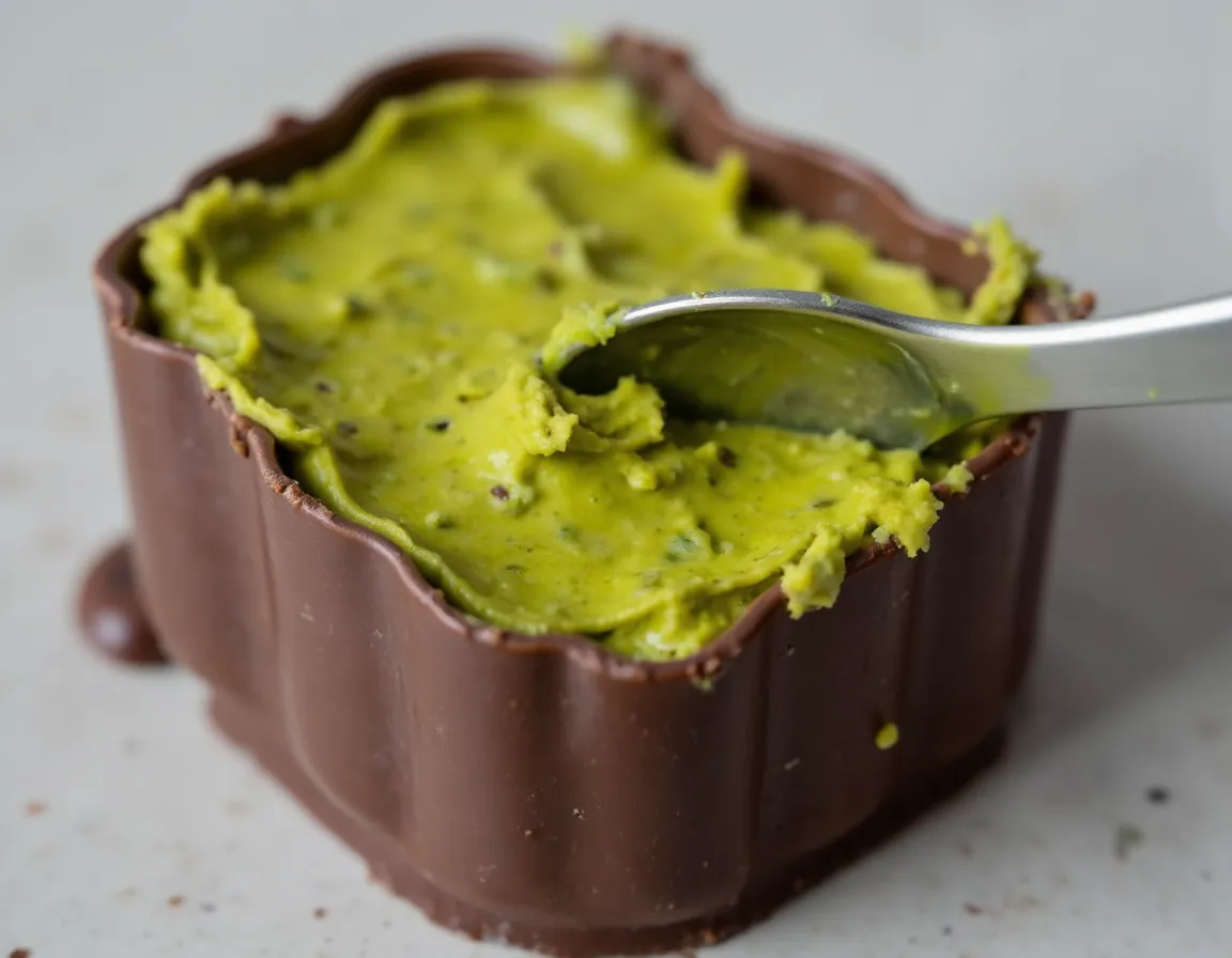 Silikonform mit dunkler Schokoladenhülle und einer gleichmäßig verteilten Schicht grüner Pistaziencreme-Kadayif-Füllung