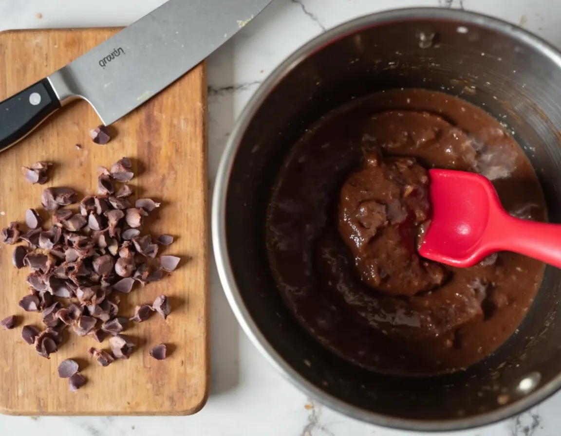 Gehackte dunkle Schokolade auf einem Schneidebrett neben einer Glasschüssel im Wasserbad mit geschmolzener glänzender Schokolade