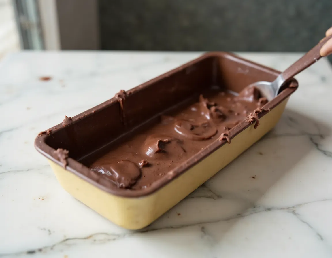 Rechteckige Silikonform mit glatter dunkler Schokoladenschicht als Boden und hochgezogenen Rändern für die Füllung