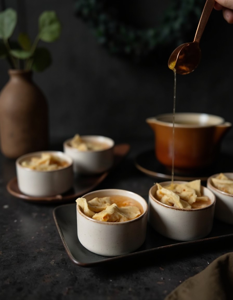 Goldene Hühnerbrühe wird vorsichtig am Rand in ein gefülltes Ramekin mit geschichteter Dumpling Lasagne gegossen