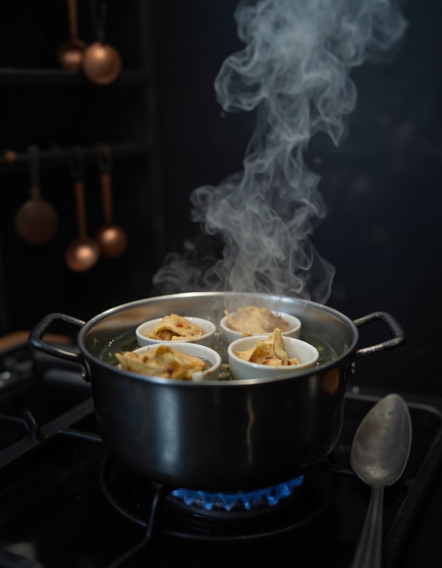 Vier Ramekins mit Dumpling Lasagne dämpfen im Wasserbad in einem großen Topf mit aufsteigendem Dampf