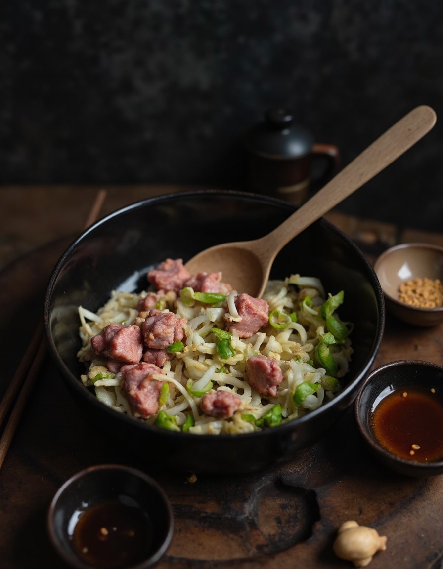 Würzige Schweinefleisch-Füllung mit Chinakohl, Frühlingszwiebeln und Ingwer wird in einer Schüssel vermengt