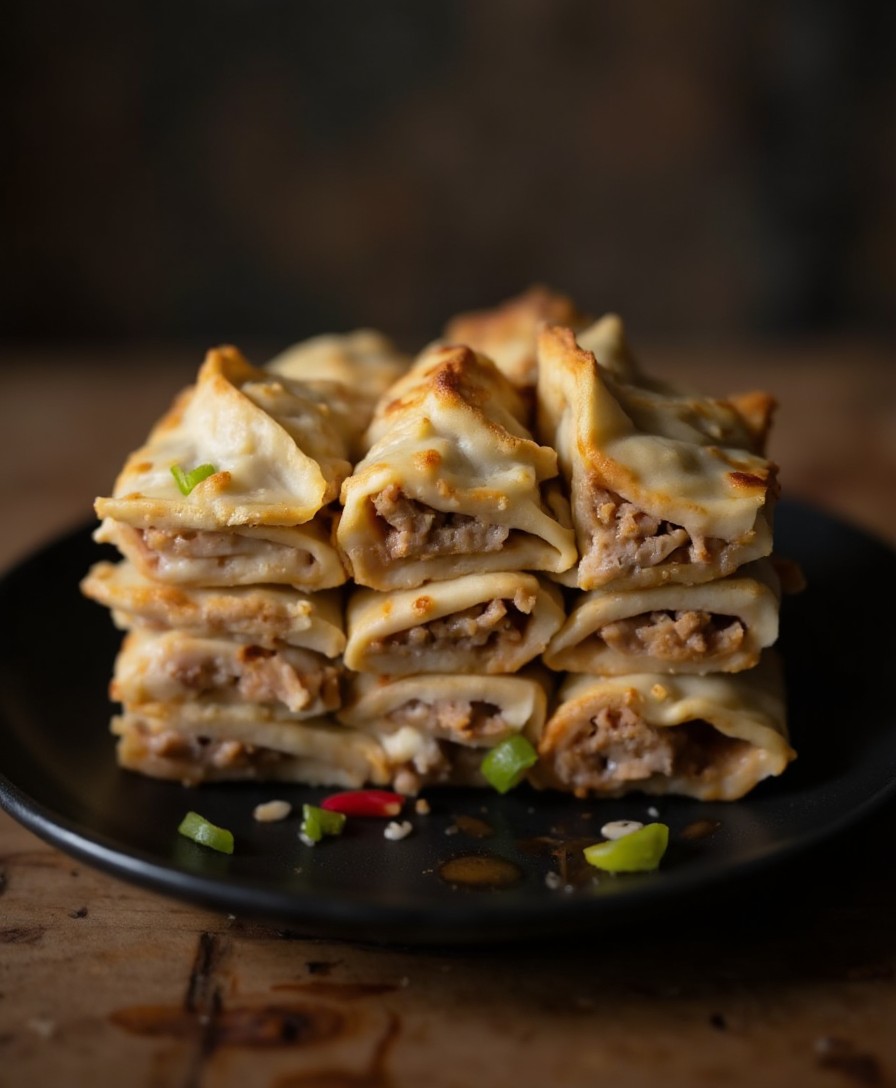 Nahaufnahme der Dumpling Lasagne Schichten mit durchscheinenden Wonton-Blättern und würziger Schweinefleisch-Füllung