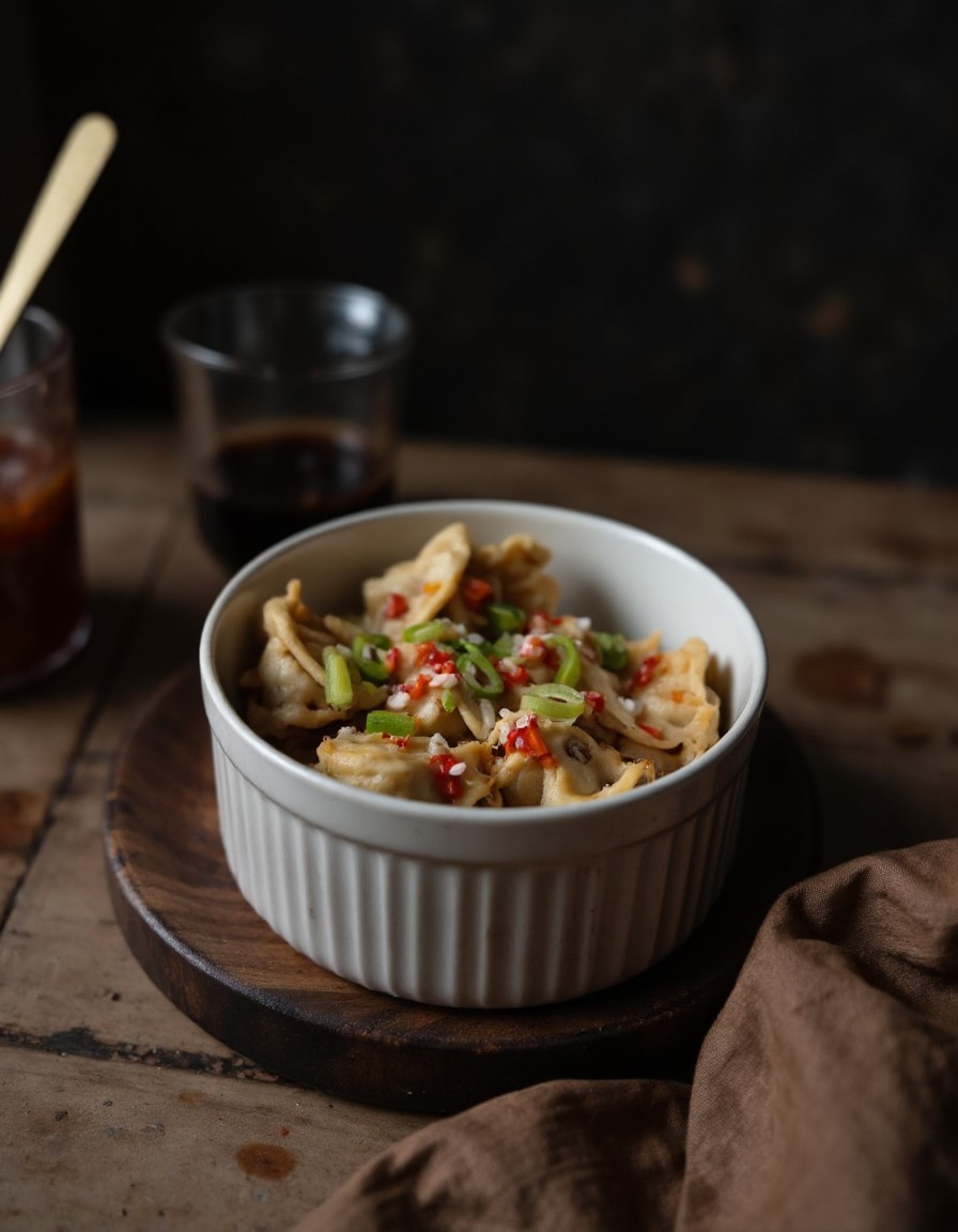 Dumpling Lasagne Rezept im weißen Ramekin mit gedämpften Wonton-Blättern, Chili Crisp und Frühlingszwiebeln serviert