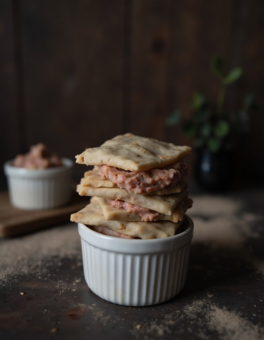 Nahaufnahme beim Schichten der Dumpling Lasagne — Wonton-Blatt wird auf eine Lage Schweinefleisch-Füllung gelegt