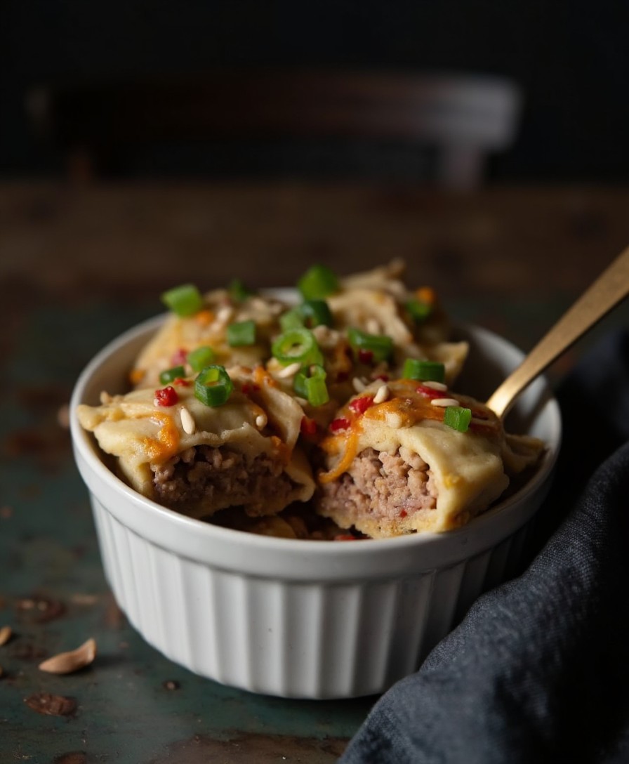 Dumpling Lasagne von der Seite mit sichtbaren Wonton-Schichten und Chili Crisp Öl im weißen Ramekin