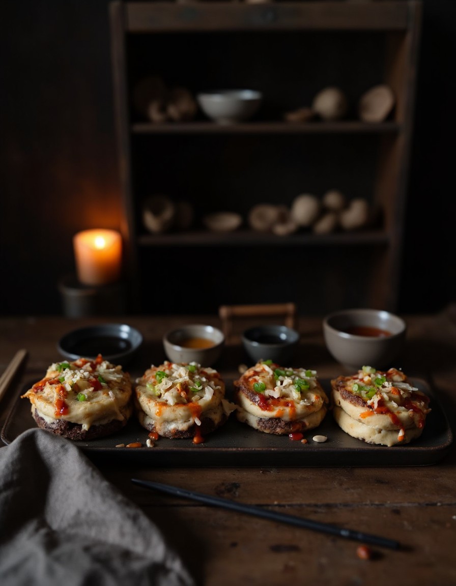 Vier Portionen fertige Dumpling Lasagne garniert mit Chiliöl, Frühlingszwiebeln und Sesam, dazu Dip-Schälchen