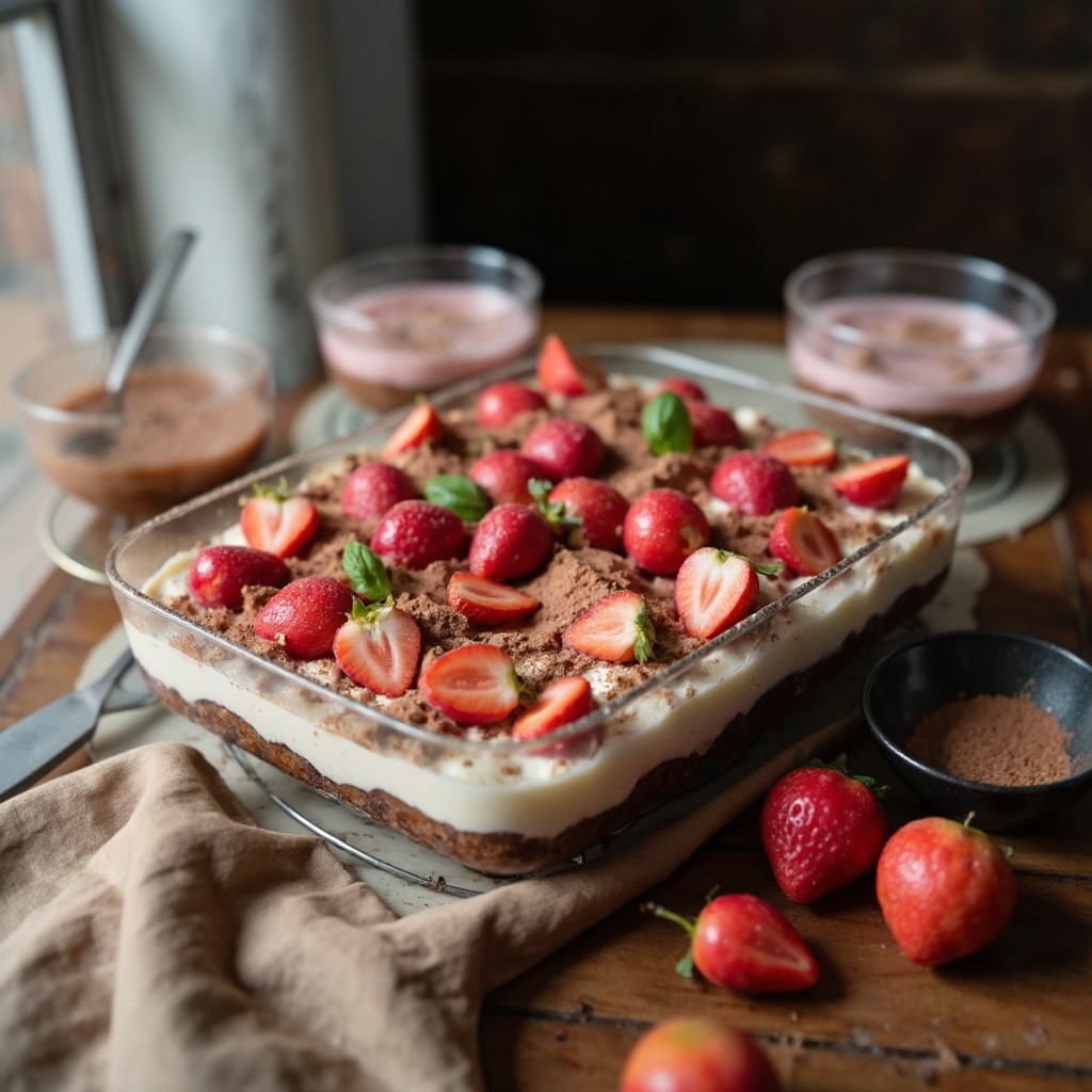 Fertiges Erdbeer-Tiramisu mit frischen Erdbeeren dekoriert, nach drei Stunden im Kühlschrank servierbereit