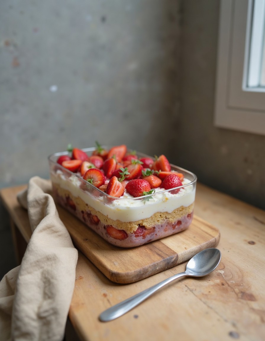 Erdbeer-Tiramisu im Glas geschichtet mit frischen Erdbeeren, Mascarponecreme und Löffelbiskuits als sommerliches Dessert