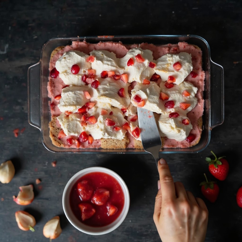 Löffelbiskuits werden in Erdbeerpüree getaucht und als erste Schicht in die Form gelegt, darauf kommt die Mascarponecreme