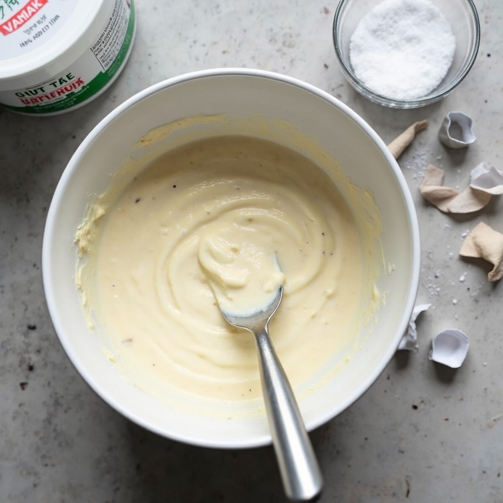 Mascarpone mit Magerquark, Zucker und Vanillezucker in einer Schüssel zu einer glatten Creme für das Tiramisu verrührt