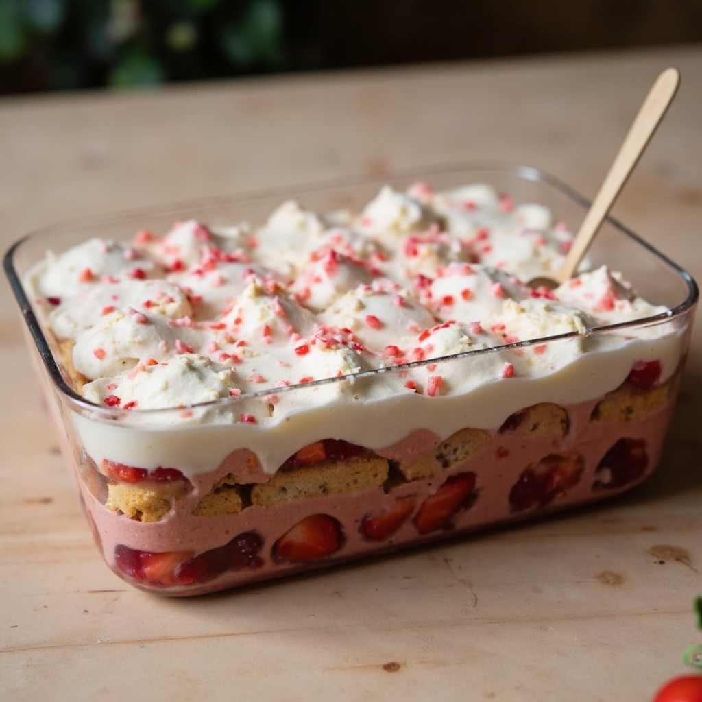 Die zweite Lage Löffelbiskuits und Mascarponecreme wird geschichtet und mit frischen Erdbeerstücken belegt