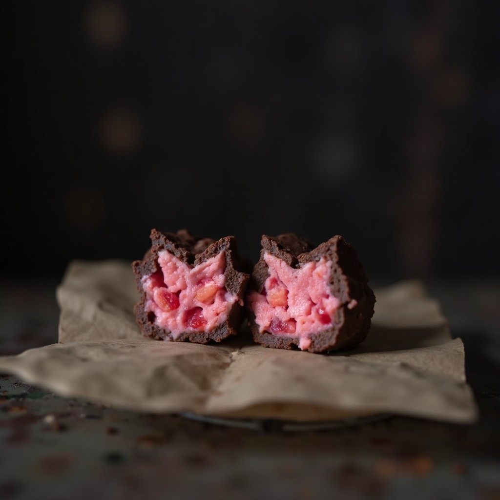 Nahaufnahme eines aufgebrochenen Erdbeer-Joghurt-Bites mit knackiger Schokoladenschale und rosa Joghurtfüllung