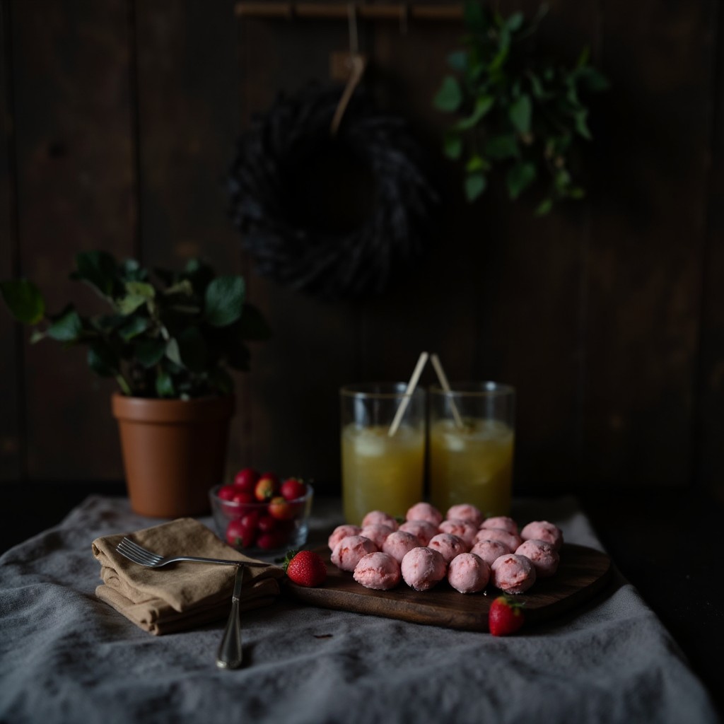 Erdbeer-Joghurt-Bites auf Holzbrett mit Erdbeerschale und zwei Gläsern Limonade, sommerliche Tischszene