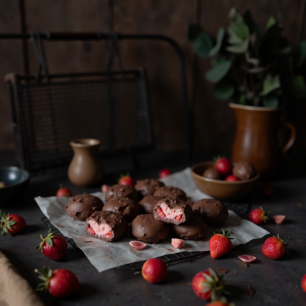 Gefrorene Erdbeer-Joghurt-Bites mit knackigem Schokoladenüberzug auf Backpapier, ein Bite aufgebrochen mit rosa Füllung
