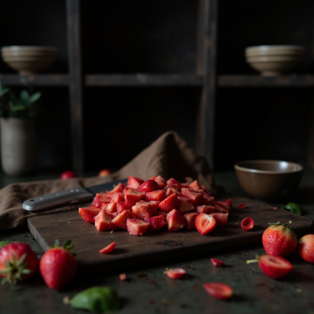 Frische Erdbeeren in kleine Würfel geschnitten auf dunklem Schneidebrett mit Messer für Erdbeer-Joghurt-Bites