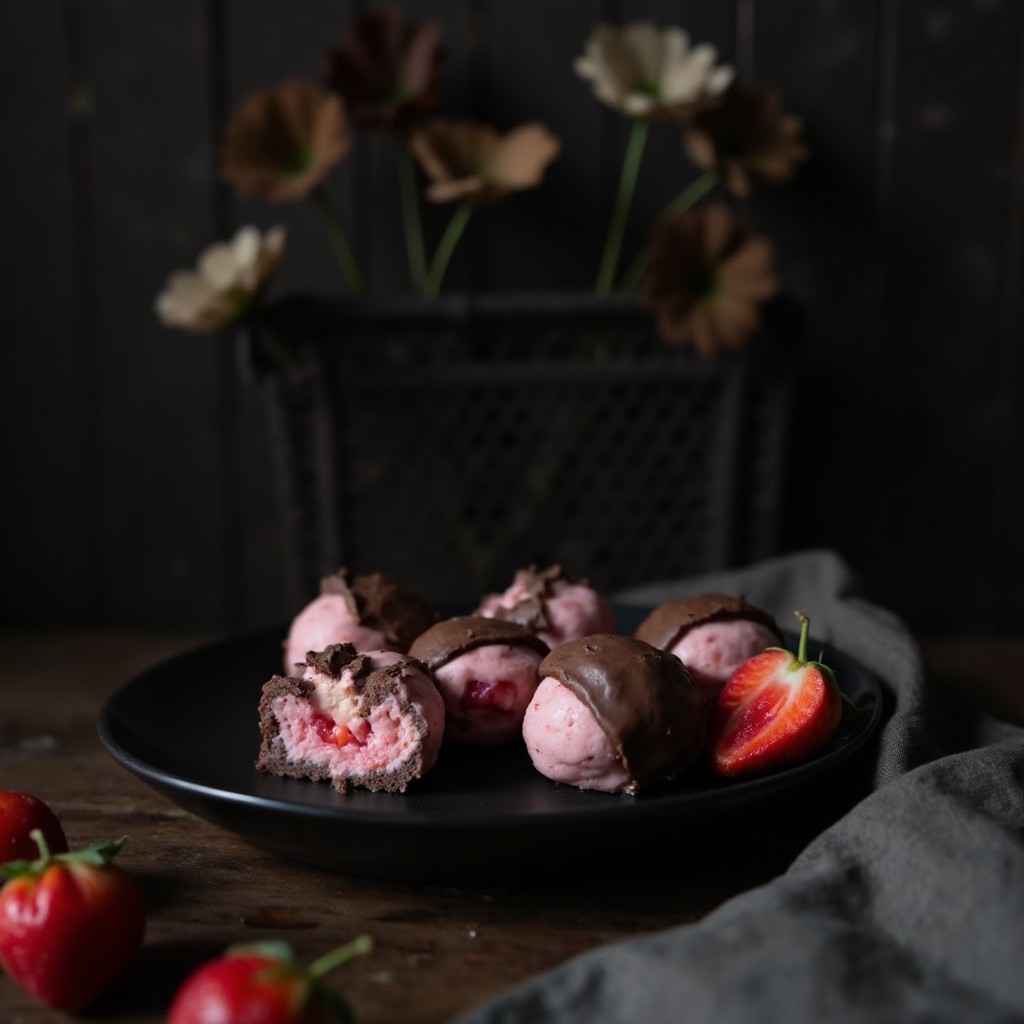 Fertige gefrorene Erdbeer-Joghurt-Bites mit Schokoladenüberzug auf dunklem Teller, ein Bite angebissen mit rosa Kern