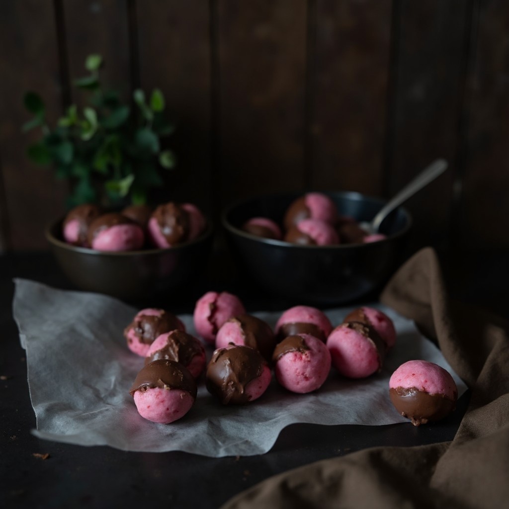 Halb in Schokolade getauchte Erdbeer-Joghurt-Bites auf Backpapier mit Schüssel geschmolzener Schokolade daneben