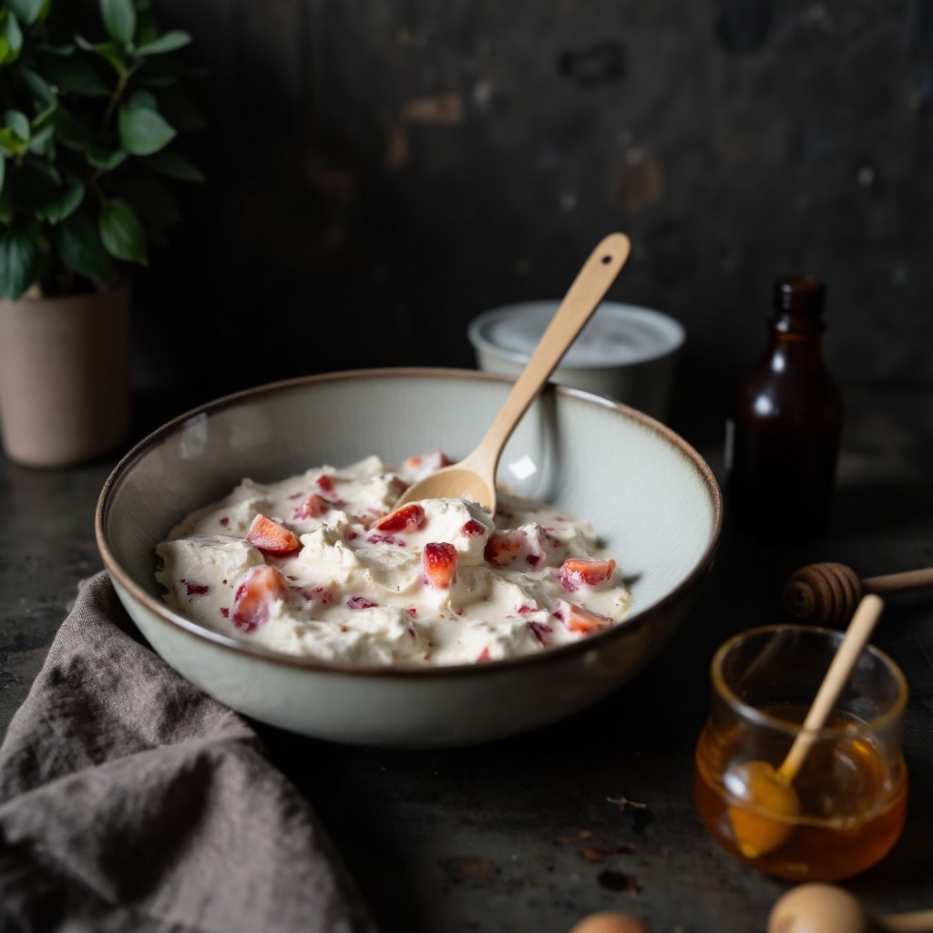 Griechischer Joghurt mit Erdbeerstücken, Honig und Vanille in Keramikschüssel für gefrorene Erdbeer-Joghurt-Bites