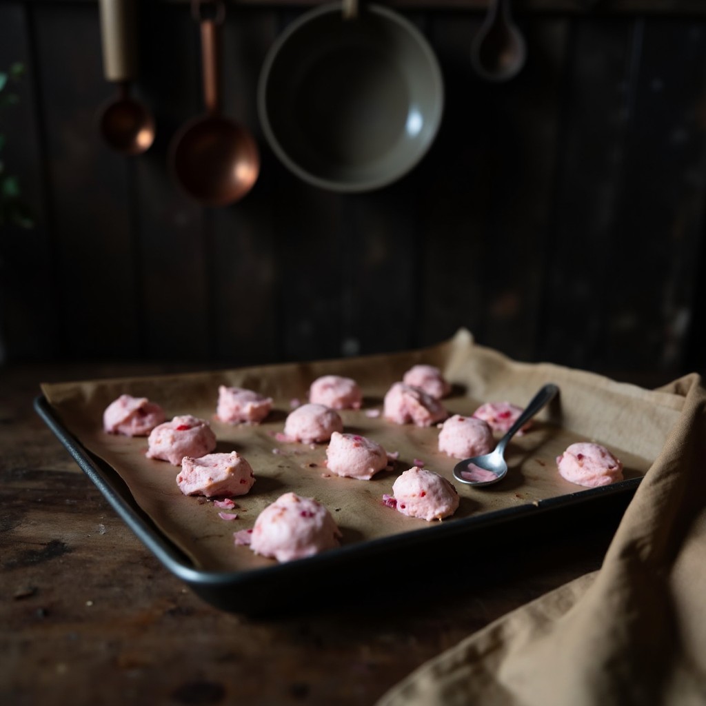 Rosa Erdbeer-Joghurt-Kleckse auf Backpapier portioniert zum Einfrieren, dunkle Food-Fotografie mit Kupferutensilien