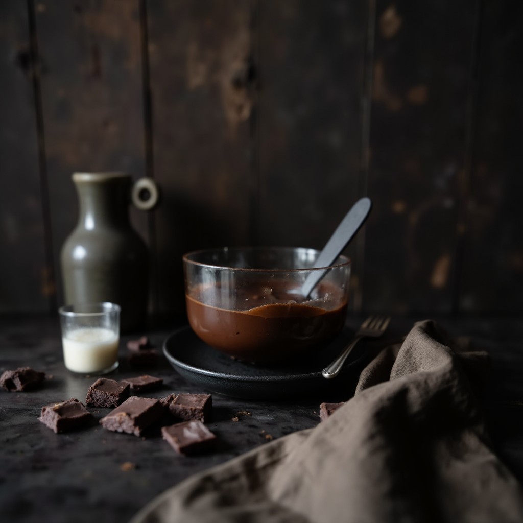 Geschmolzene Zartbitterschokolade mit Kokosöl in Glasschüssel, Schokoladenstücke daneben, dunkles Styling