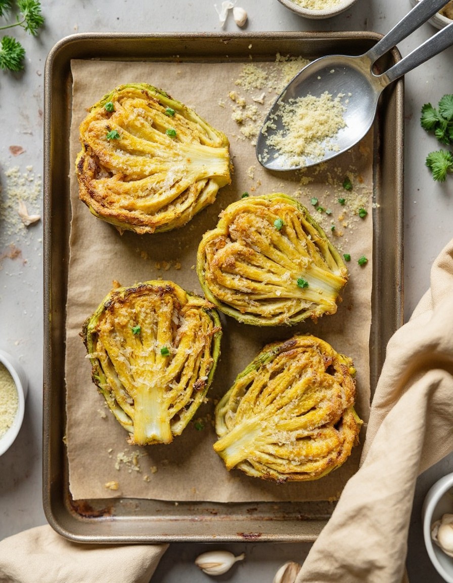 Geschmorter Knoblauch-Parmesan-Kohl frisch aus dem Ofen mit goldbrauner Parmesankruste, karamellisierten Rändern und frischer Petersilie