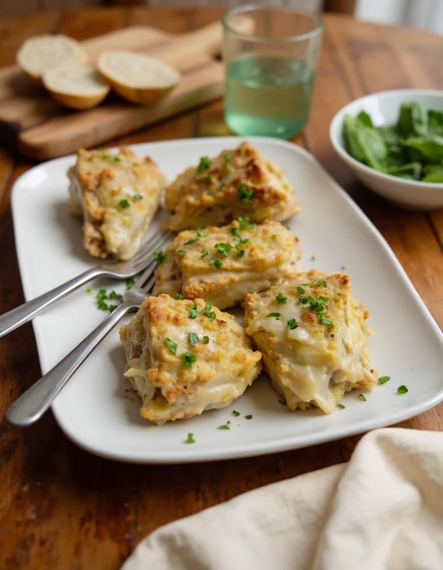Fertiger geschmorter Knoblauch-Parmesan-Kohl auf einer Servierplatte mit frischer Petersilie, knusprigem Brot und Beilagensalat