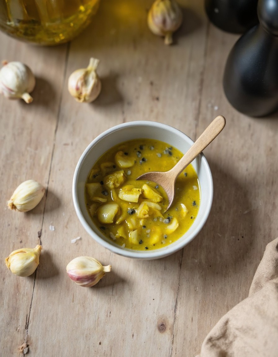 Aromatische Knoblauch-Olivenöl-Marinade mit gehacktem Knoblauch, Salz und Pfeffer in einer kleinen Keramikschüssel angerührt