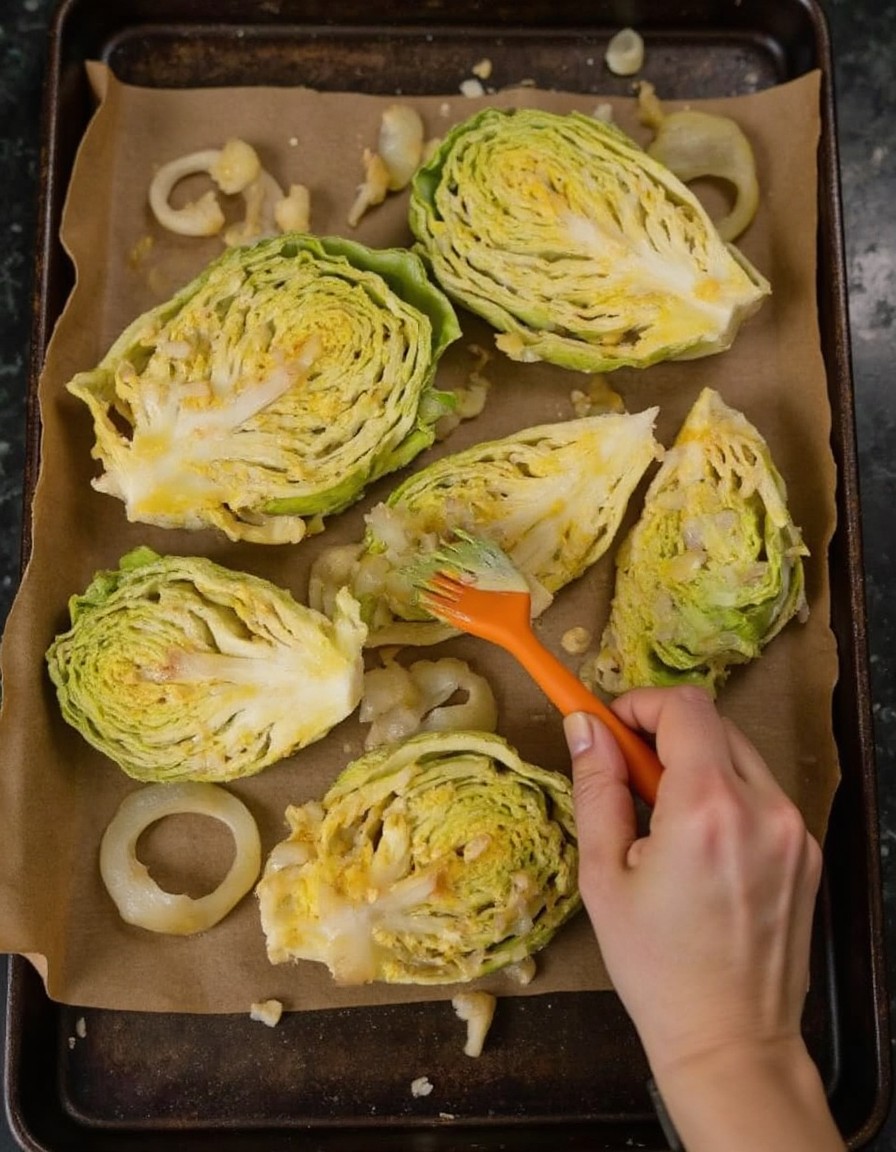 Dicke Kohlscheiben auf dem Backblech werden großzügig mit der Knoblauch-Öl-Mischung eingepinselt, Zwiebelringe dazwischen