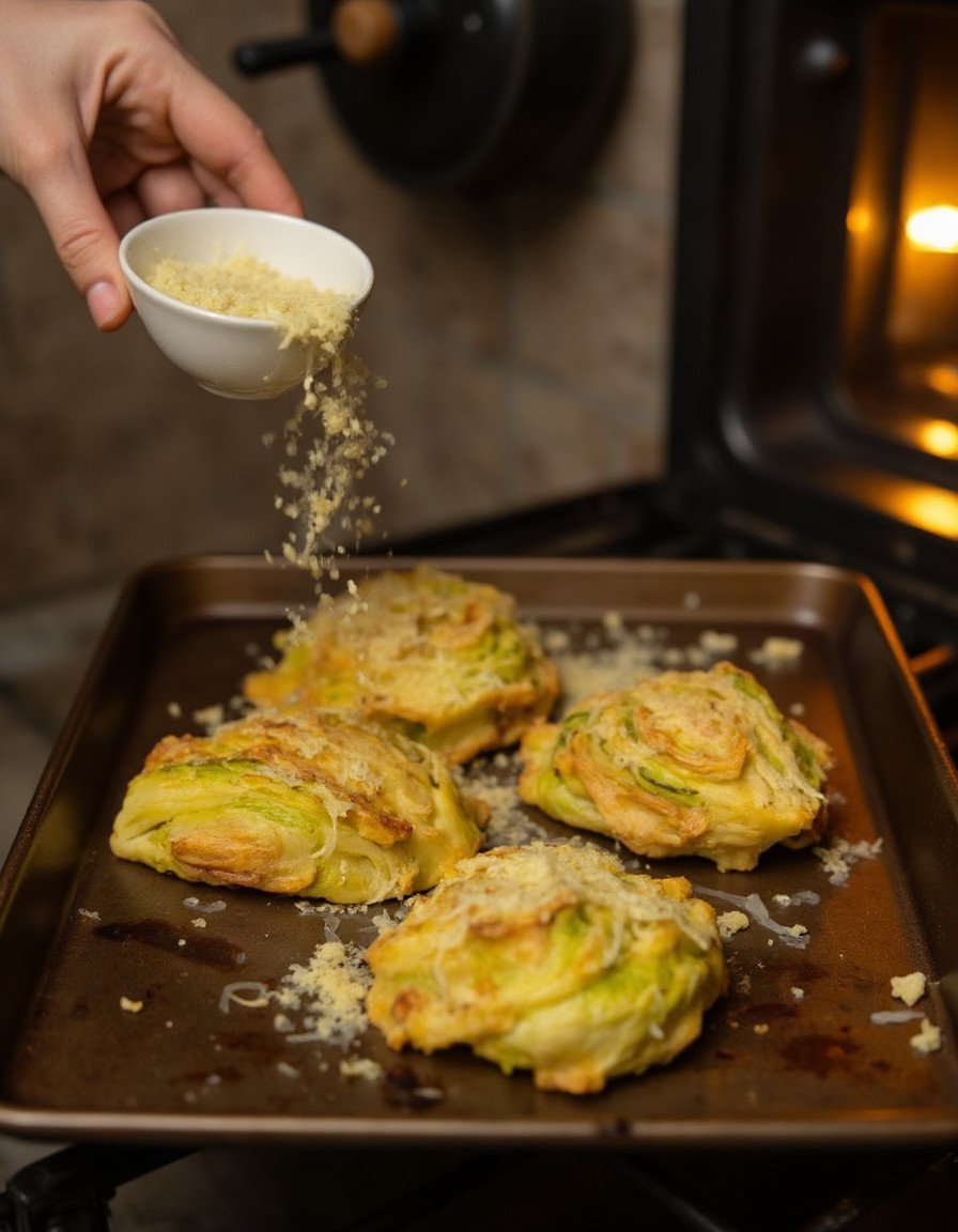 Frisch geriebener Parmesan wird großzügig über die goldbraun gerösteten Kohlscheiben gestreut, bevor sie überbacken werden