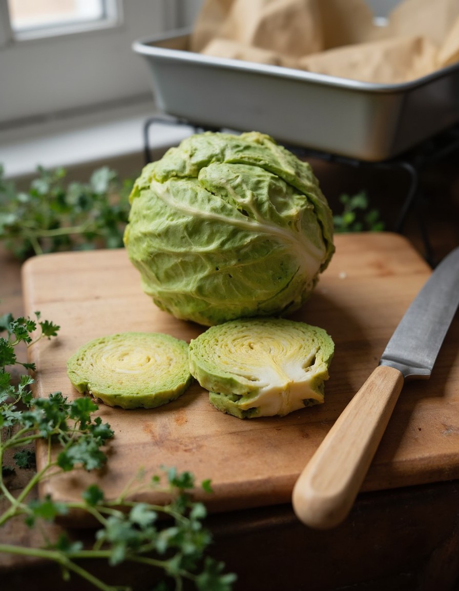 Ganzer Weisskohl auf einem Schneidebrett wird in dicke Scheiben geschnitten, der Strunk hält die Blätter beim Backen zusammen