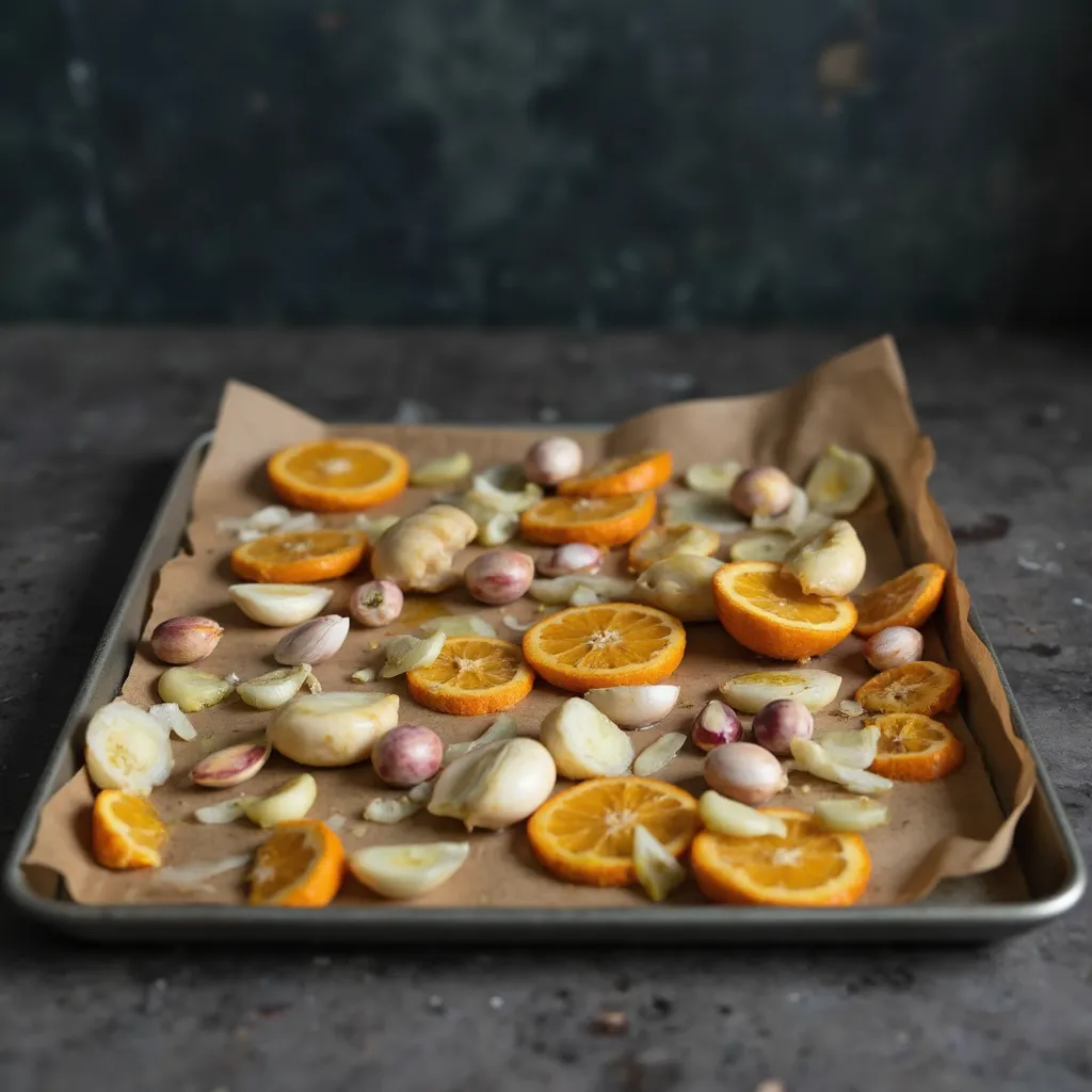 Zwiebelspalten, ganze Knoblauchzehen und duenne Orangenscheiben auf einem Backblech mit Backpapier verteilt