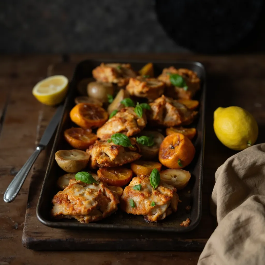 Fertiges Harissa-Orangen-Haehnchen auf dem Blech garniert mit frischer Minze und karamellisierten Orangenscheiben