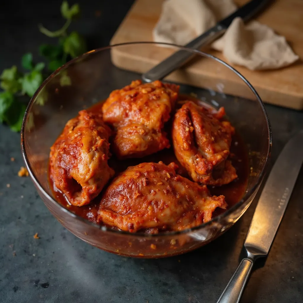 Vier rohe Haehnchenschenkel grosszuegig mit roter Harissa-Orangen-Marinade eingerieben in einer Glasschuessel