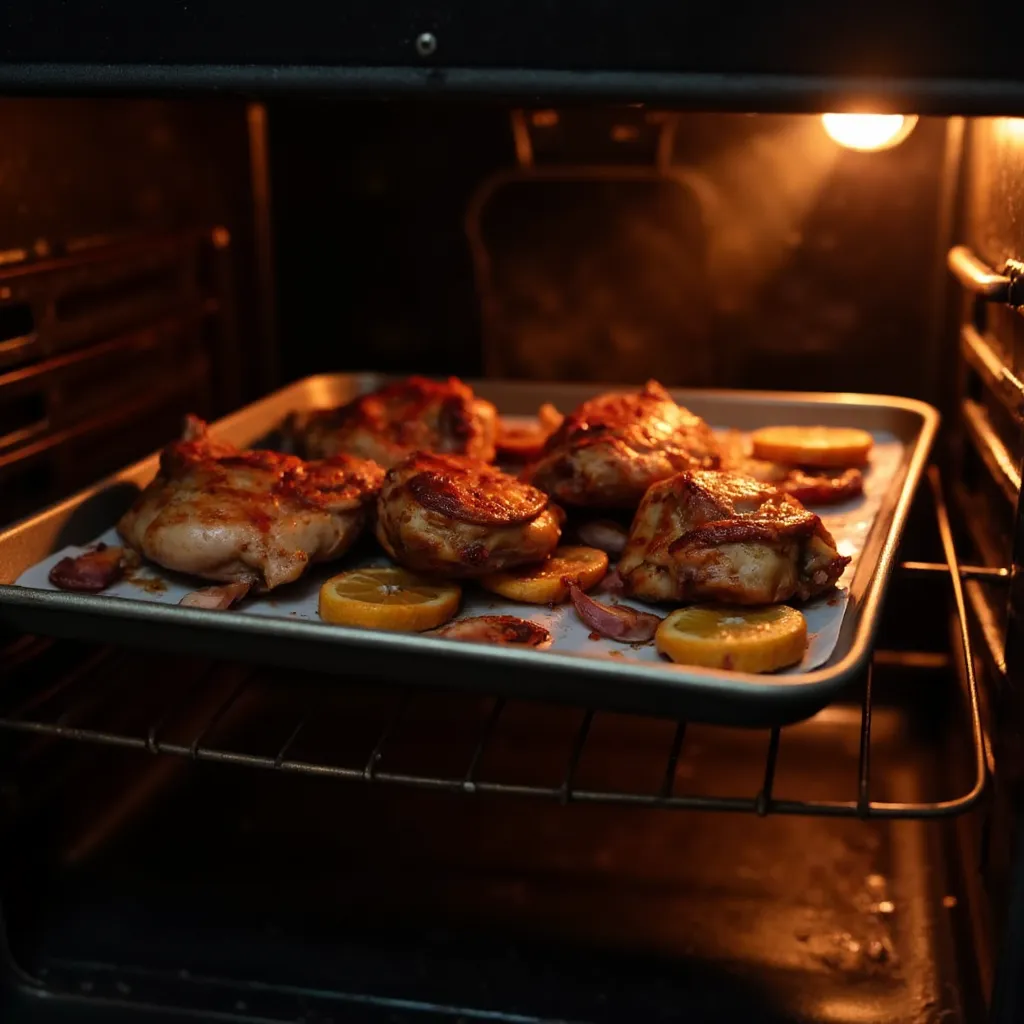 Harissa-Haehnchen auf dem Blech im offenen Ofen mit goldbrauner Haut und karamellisierender Glasur