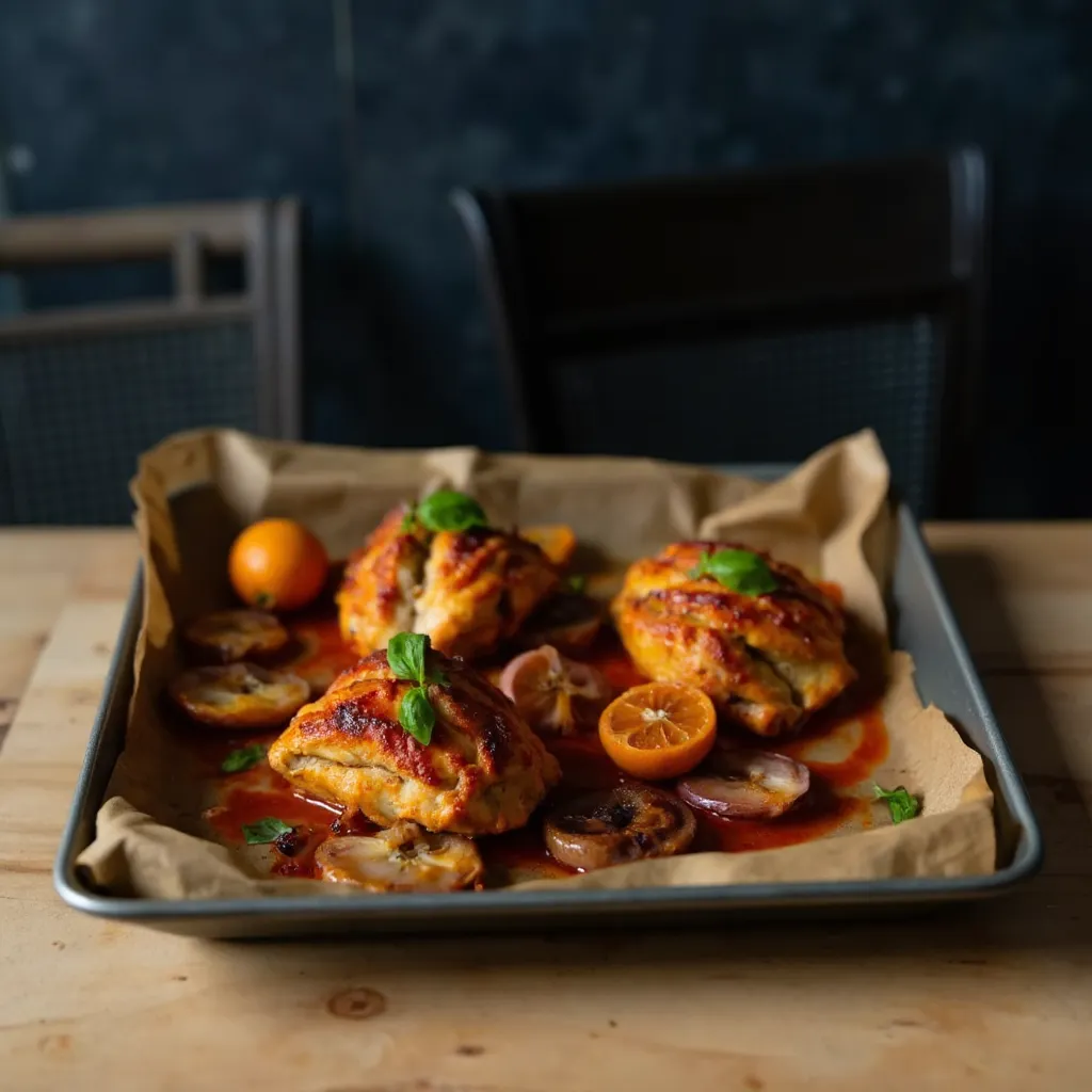 Goldbraunes Harissa-Orangen-Haehnchen vom Blech mit karamellisierten Orangenscheiben, Zwiebeln und frischer Minze