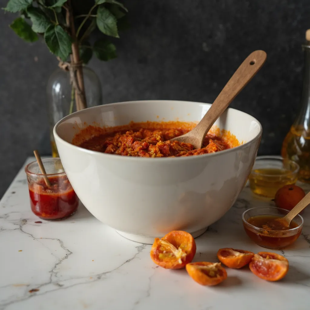 Leuchtend rote Harissa-Orangen-Marinade in weisser Keramikschuessel mit Olivenoel, Honig und ausgepresster Orange
