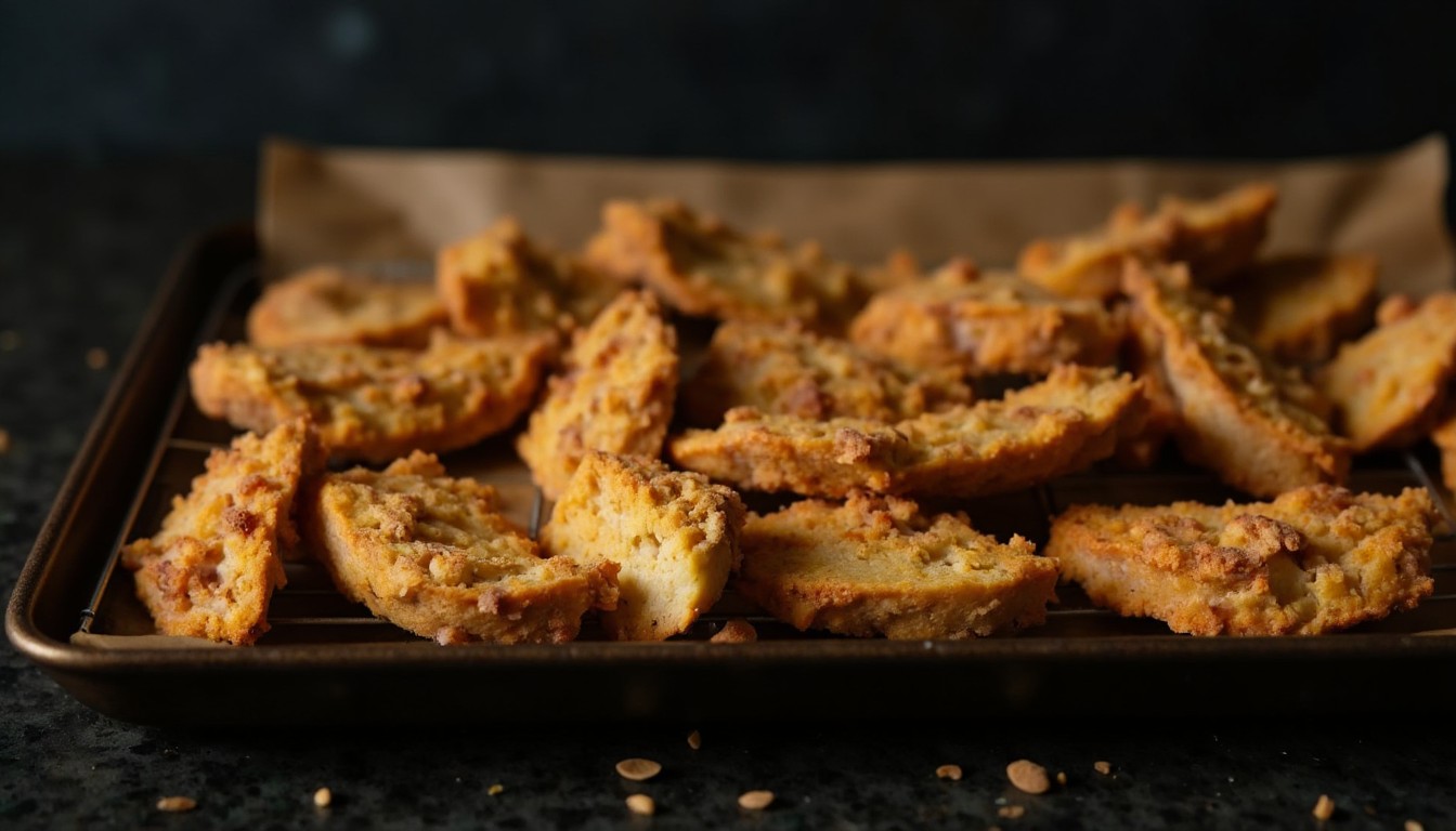 Goldbraun gebackene Panko-Haehnchen-Streifen auf einem Ofengitter mit knuspriger Kruste und leichtem Dampf