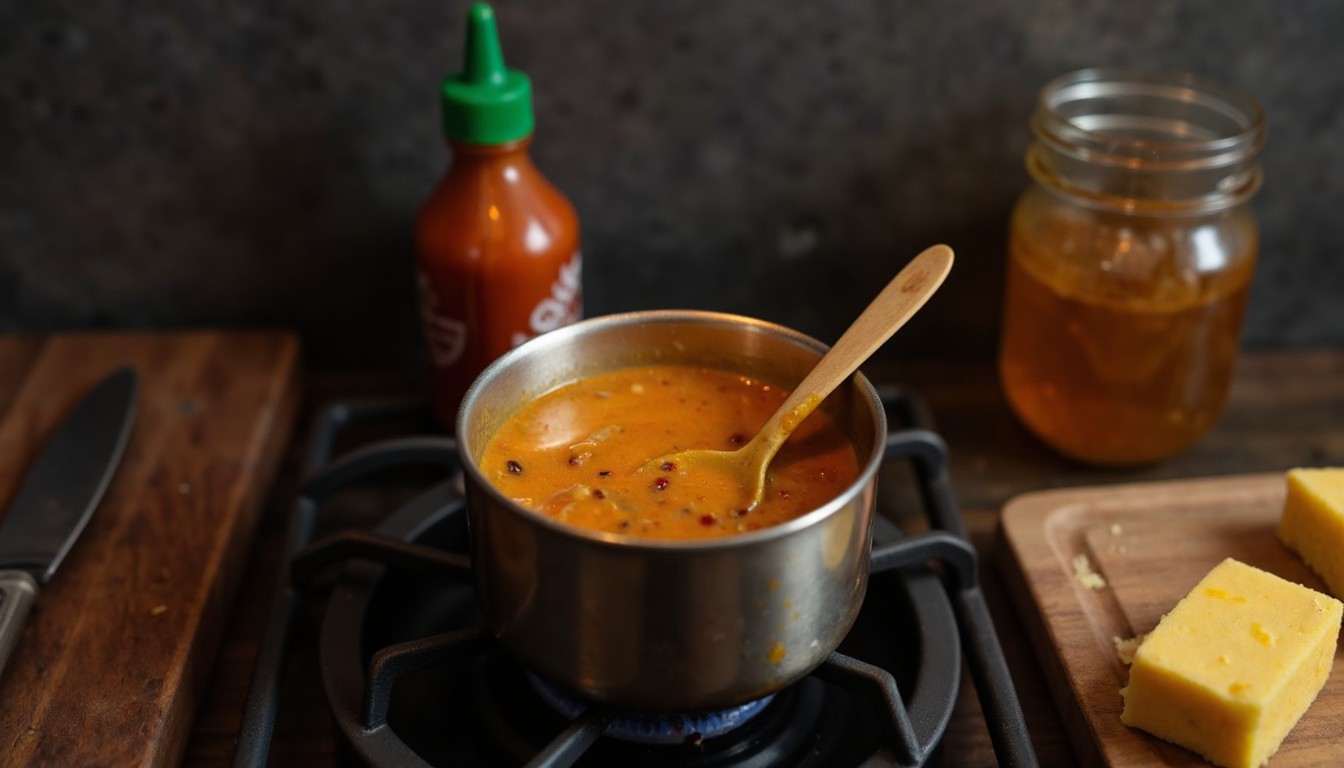 Glaenzende Hot-Honey-Glasur aus Honig, Sriracha und Butter in einem kleinen Topf mit Holzloeffel auf dem Herd