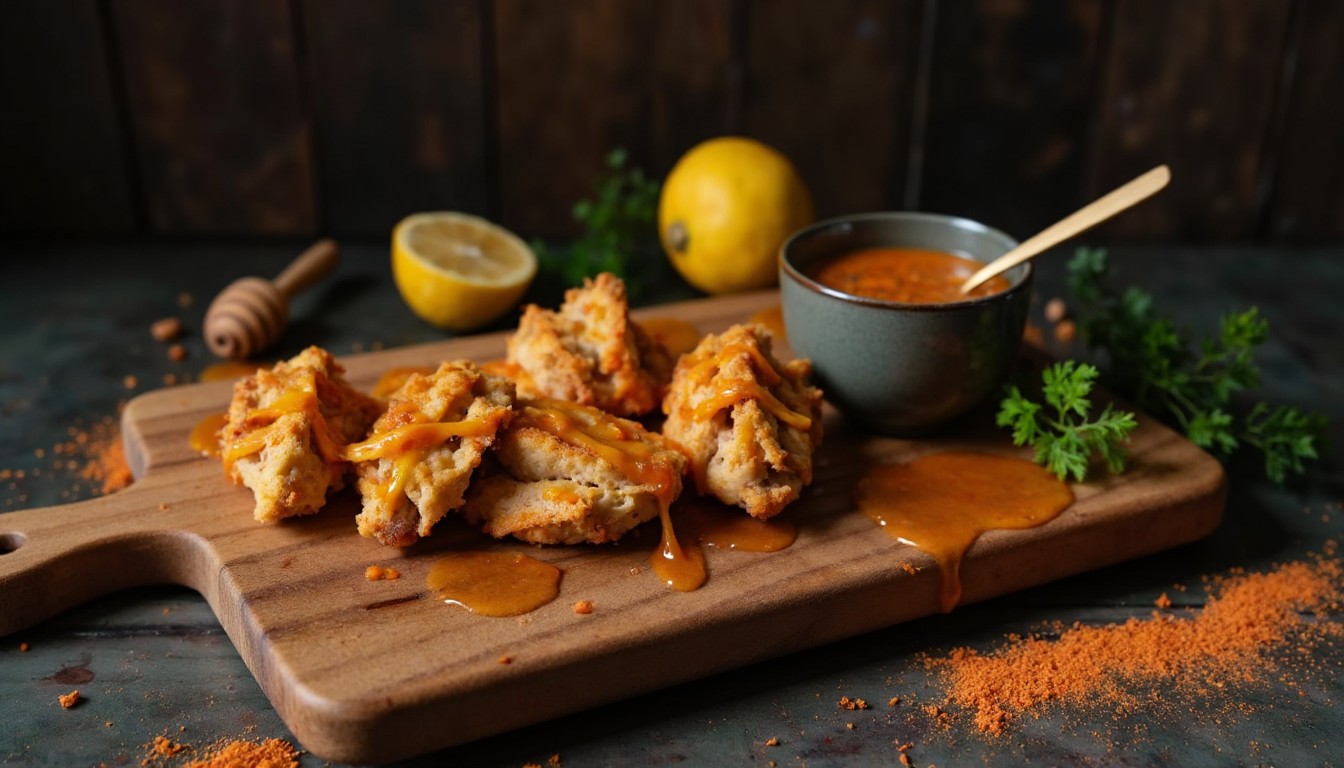 Knusprige Hot Honey Haehnchen-Streifen mit goldbrauner Panko-Panade und glaenzender Chili-Honig-Glasur auf Holzbrett