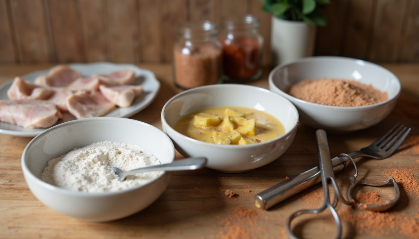 Drei Schalen mit Mehl, verquirlten Eiern und gewuerzten Panko-Semmelbroeseln nebeneinander auf einer Holzarbeitsflaeche