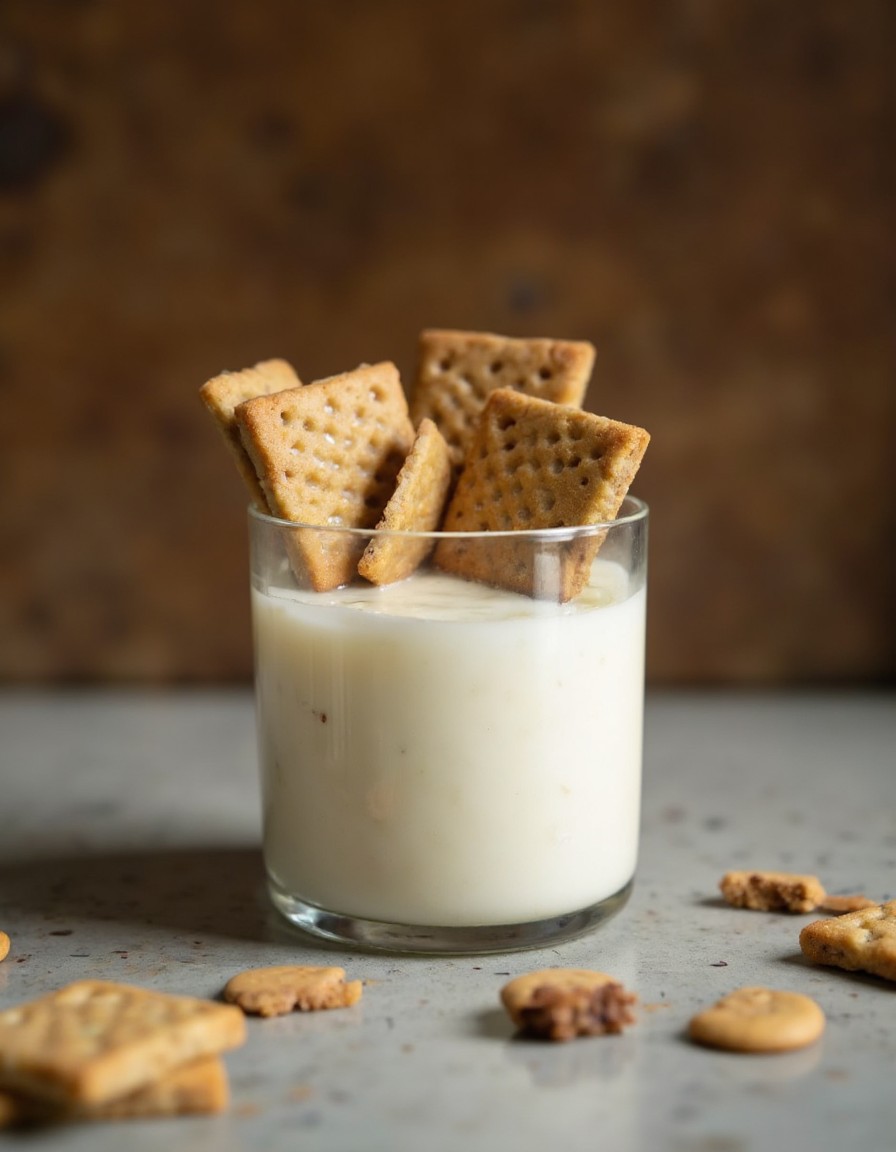 Fünf Lotus Biscoff Kekse stehen aufrecht und dicht nebeneinander im griechischen Joghurt in einem Dessertglas